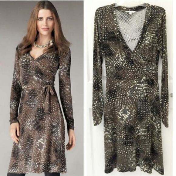 CAbi SNAKESKIN PRINT FAUX WRAP LONG SLEEVE DRESS, SZ MEDIUM - Picture 1 of 14